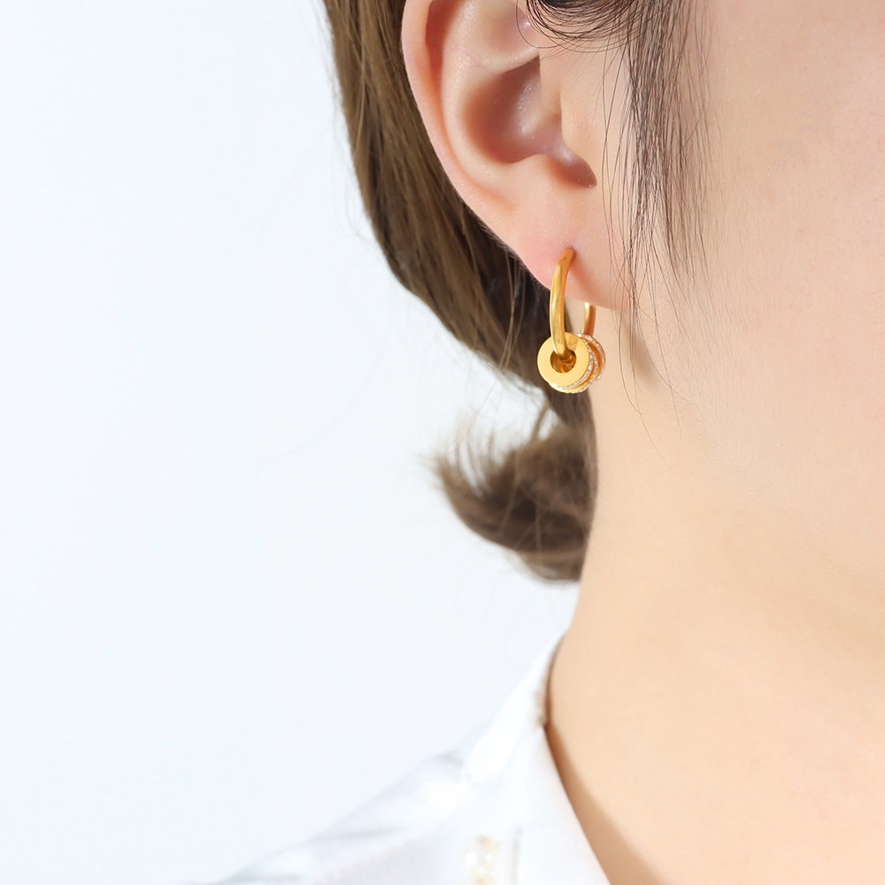 Titanium Zircon Circles Hoop 18K Earrings, Non Tarnish Earrings, Implant Grade Titanium Waterproof Earrings, Vintage Style, Minimal