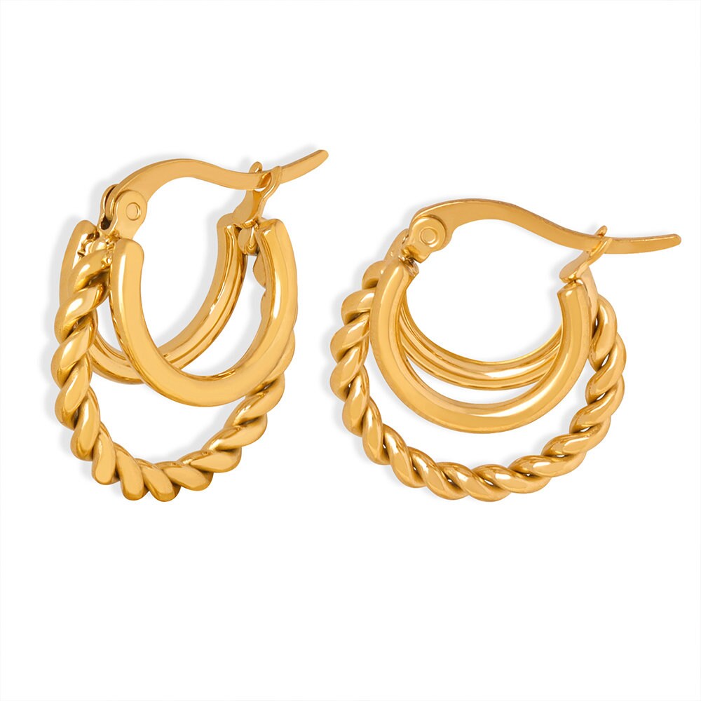 Titanium Triple Hoop 18K Gold Plated Earrings, Non Tarnish Earrings, Implant Grade Titanium Waterproof Earrings, Vintage Style, Minimal