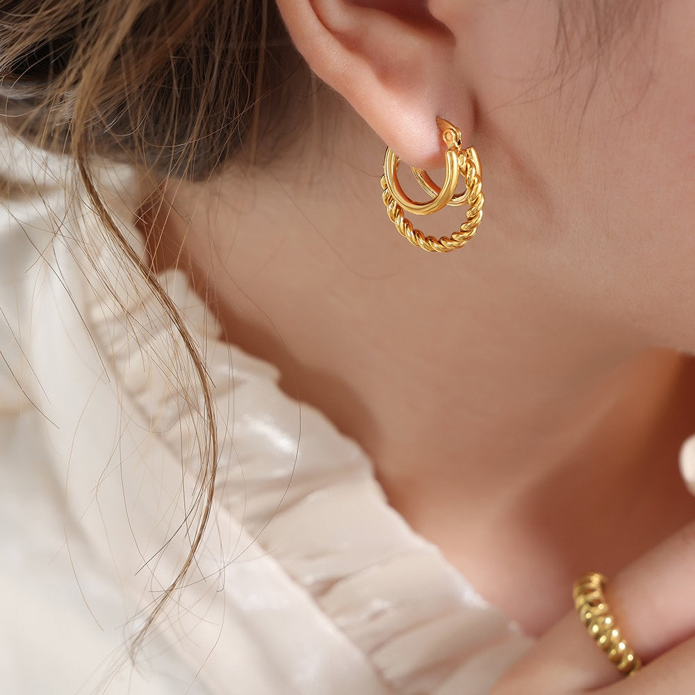 Titanium Triple Hoop 18K Gold Plated Earrings, Non Tarnish Earrings, Implant Grade Titanium Waterproof Earrings, Vintage Style, Minimal