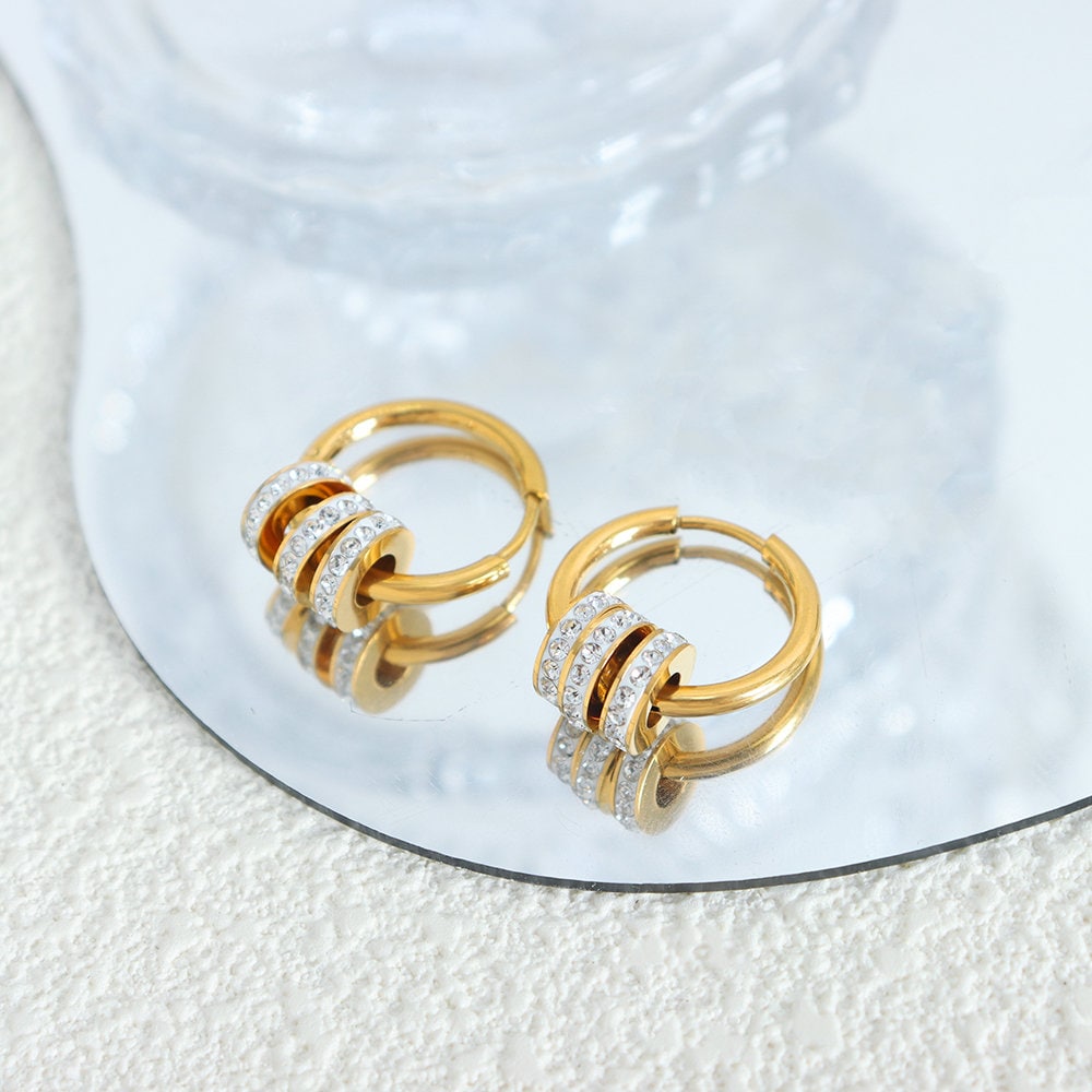 Titanium Zircon Circles Hoop 18K Earrings, Non Tarnish Earrings, Implant Grade Titanium Waterproof Earrings, Vintage Style, Minimal