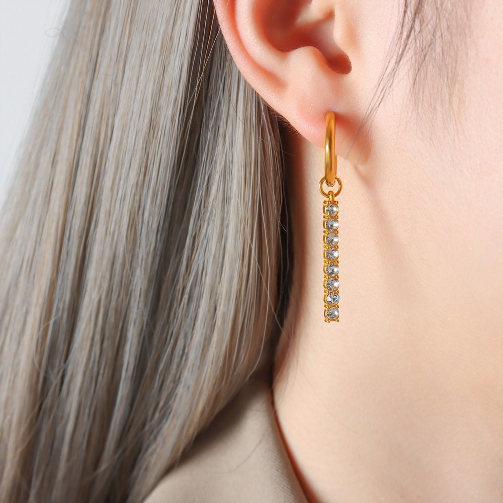 Titanium Zircon Bar Hoop 18K Earrings, Non Tarnish Earrings, Implant Grade Titanium Waterproof Earrings, Vintage Style, Minimal