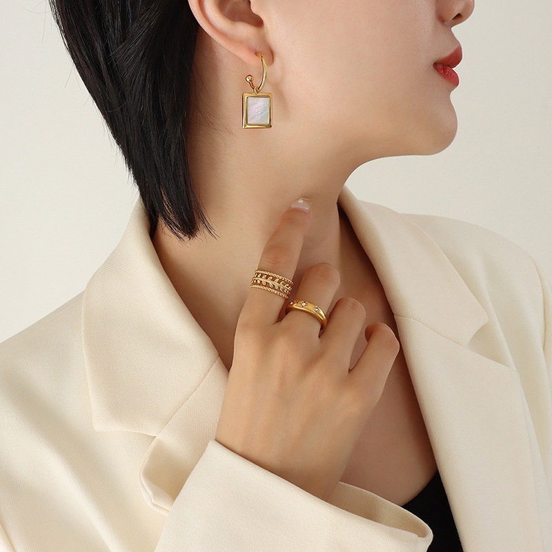 Titanium Shell Inlay Square C Shape Earrings, Non Tarnish, Implant Grade Titanium Waterproof Earrings, Vintage Style Earrings, Minimalist