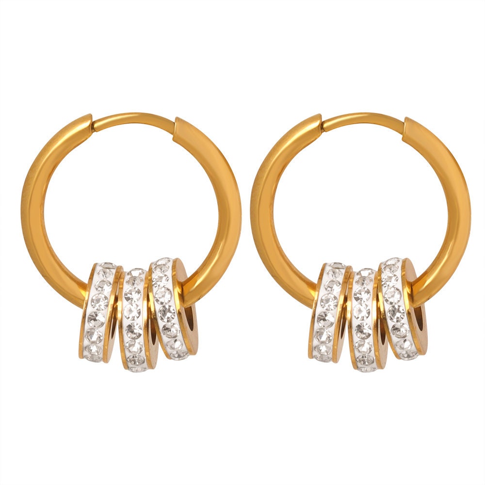 Titanium Zircon Circles Hoop Earrings, 18K gold plated, Non Tarnish Earrings, Implant Grade, Waterproof, Vintage Style, Minimal Earrings