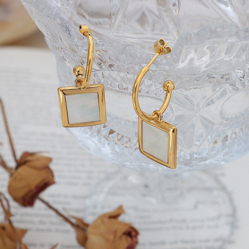Titanium Shell Inlay Square C Shape Earrings, Non Tarnish, Implant Grade Titanium Waterproof Earrings, Vintage Style Earrings, Minimalist