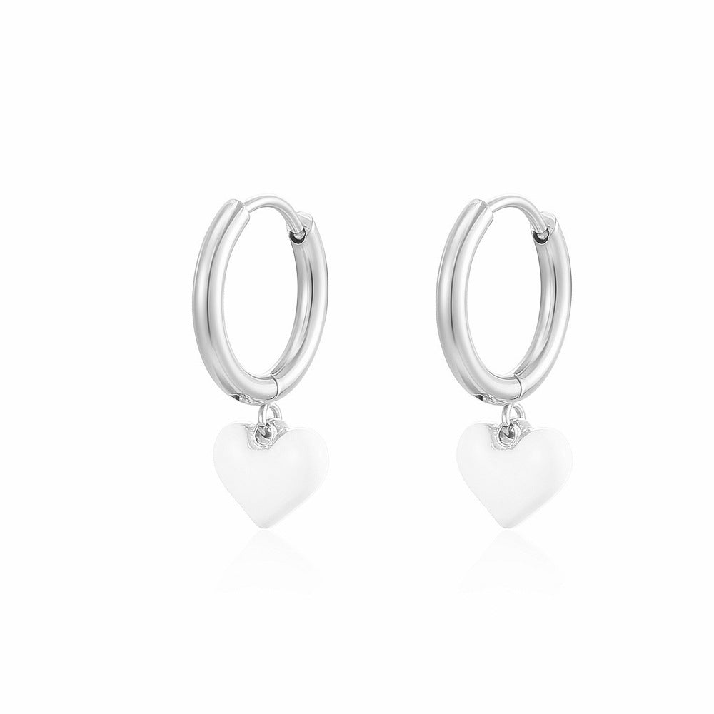 Titanium White Heart Charm Hoop Earrings, Non Tarnish Earrings, Implant Grade