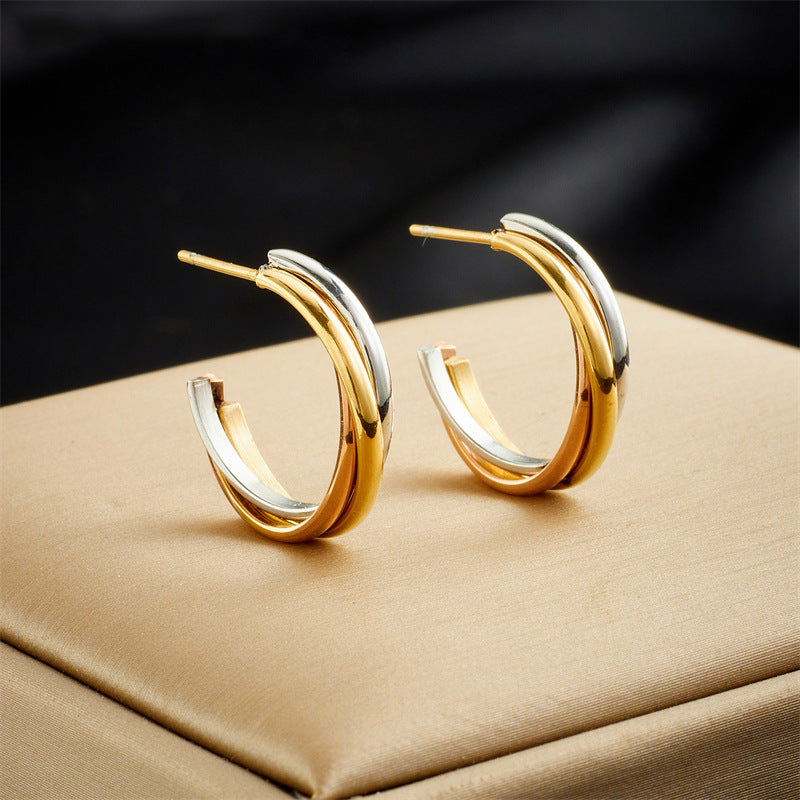 Titanium 3 colors C shape Earrings, Gold Silver Rose Gold Earrings, Non Tarnish Earrings, Implant Grade