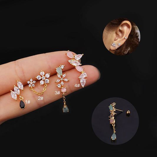 Titanium Flowers Zircon Screw Back Stud Earrings