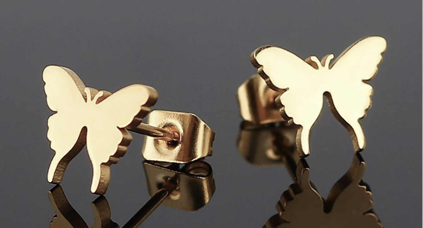 Titanium Butterfly Stud Earrings, Gold Silver Non Tarnish Earrings, Implant Grade Titanium Waterproof, Vintage Style Earrings, Minimal