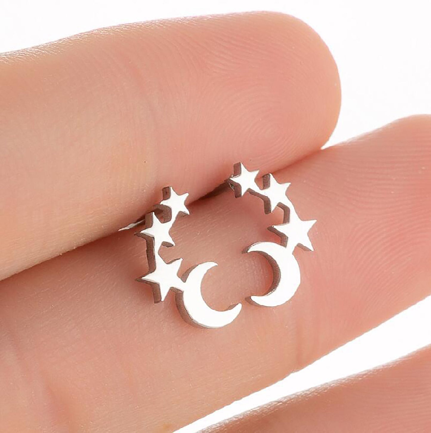 Titanium Crescent Moon Stars Stud Earrings Set, Non Tarnish, Implant Grade Titanium Waterproof Earrings, Earrings, Minimal Earrings