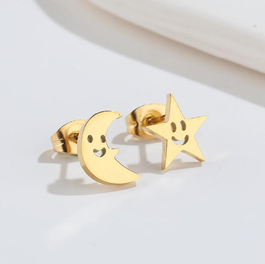 Titanium Moon Star Smiley Face Stud Earrings, Non Tarnish Earrings, Implant Grade Titanium Waterproof Earrings, Earrings, Minimal Earrings