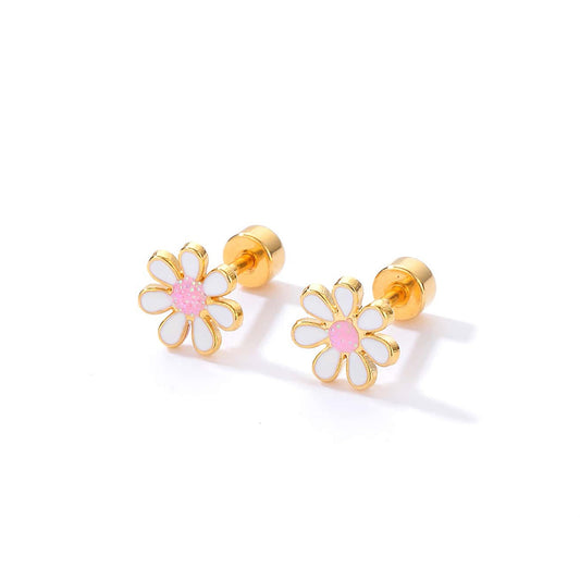 Titanium White Daisy Flower Screw Back Stud Earrings, Non Tarnish Earrings, Implant Grade Titanium Waterproof Earrings, Minimal Earrings