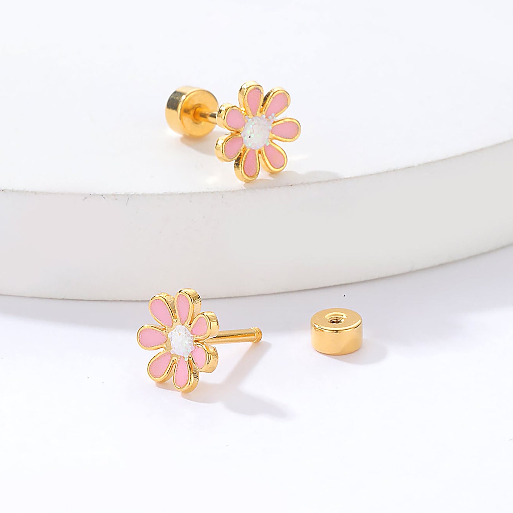 Titanium Pink Daisy Flower Screw Flat Back Stud Earrings, Non