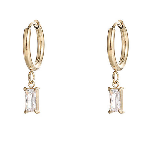Titanium White Zircon Rectangular Hoop Earrings, Non Tarnish Earrings, Implant Grade Titanium Waterproof Earrings, Vintage Style, Minimal