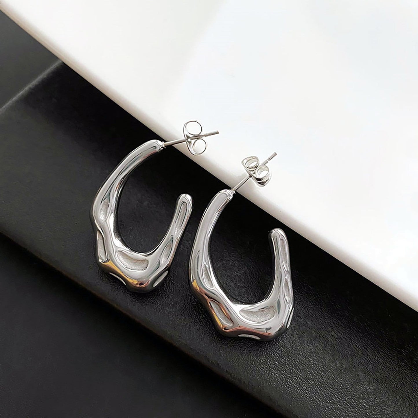Titanium Irregular C Shape Earrings, Non Tarnish Earrings, Implant Grade Titanium Waterproof Earrings, Vintage Style Earrings, Minimal