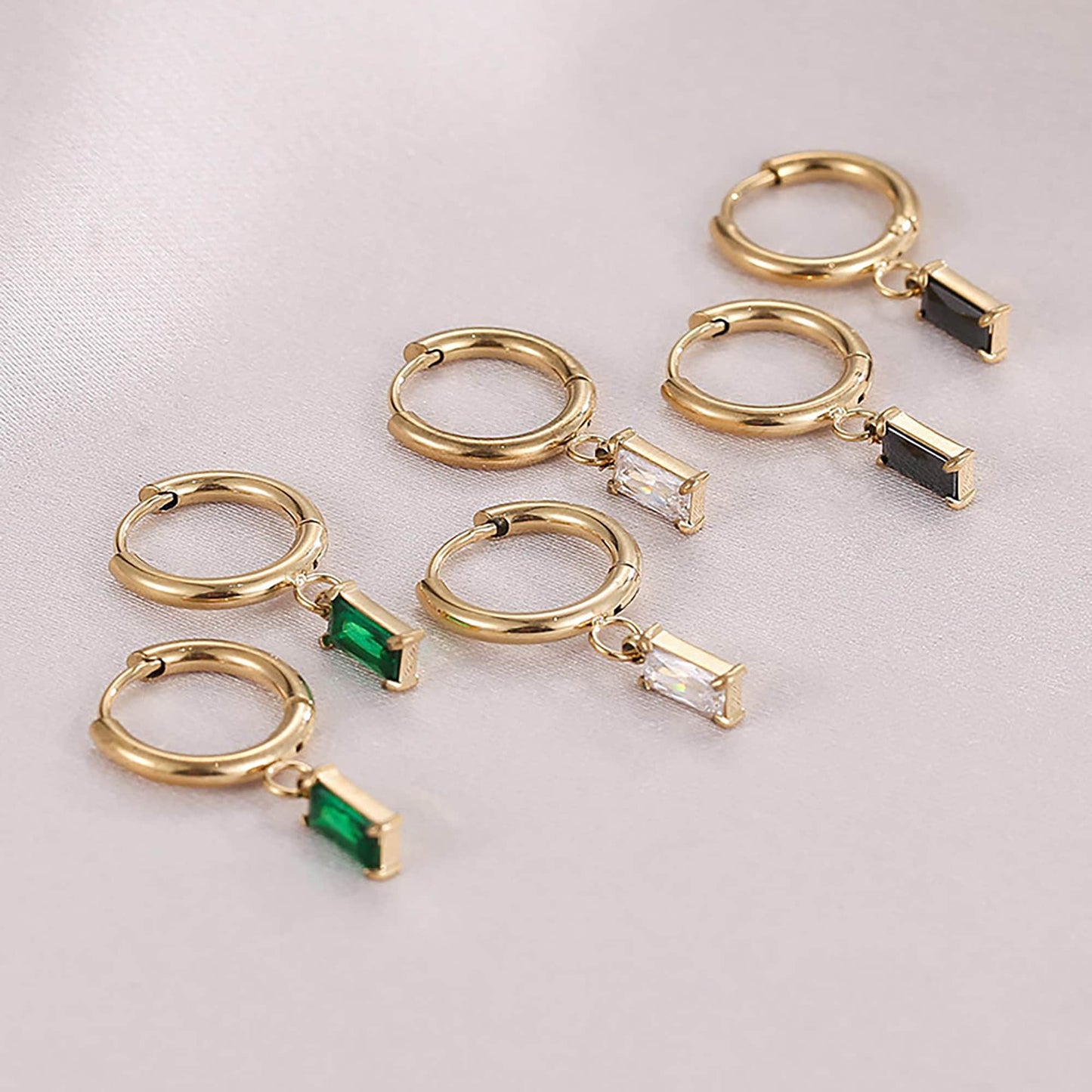 Titanium Emerald Zircon Rectangular Hoop Earrings, Non Tarnish Earrings, Implant Grade Titanium Waterproof Earrings, Vintage Style, Minimal