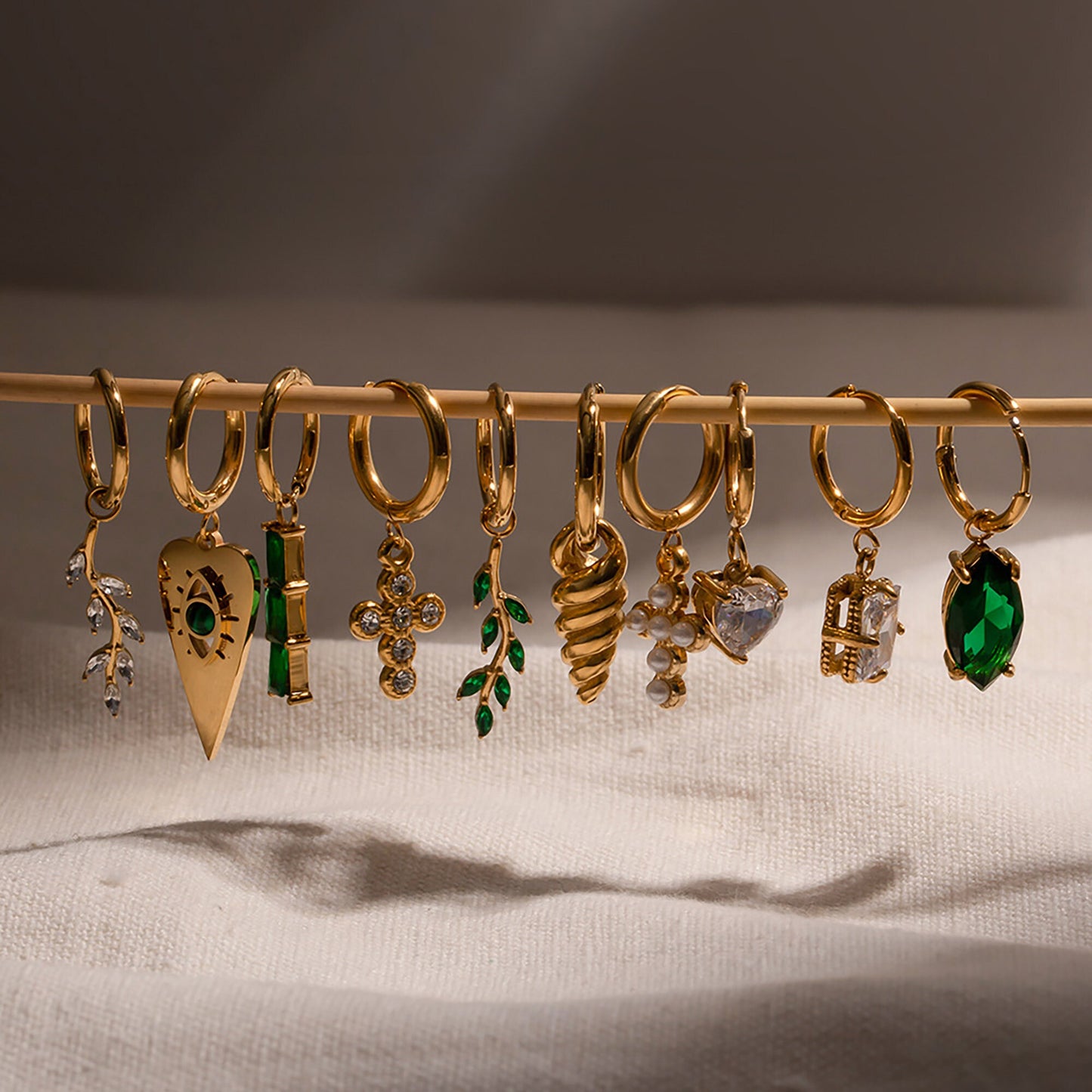 Titanium Leaves Branch Emerald Zircon Hoop Earrings, Gold Plated, Hypoallergenic, Implant Grade Titanium Waterproof, Vintage Style, Minimal