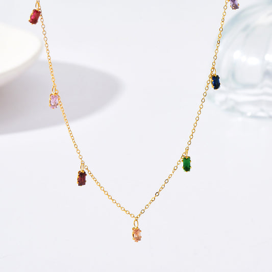 Titanium Colorful Zircon Necklace, Non Tarnish, Implant Grade Titanium Waterproof, Vintage Style, Minimal