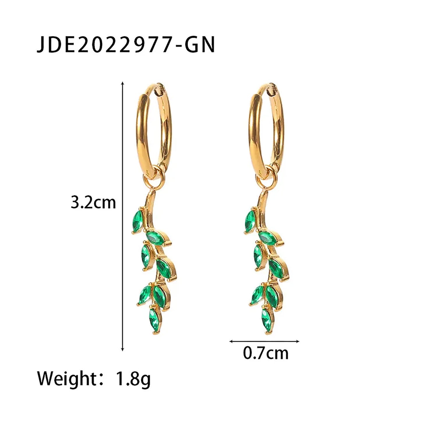 Titanium Leaves Branch Emerald Zircon Hoop Earrings, Gold Plated, Hypoallergenic, Implant Grade Titanium Waterproof, Vintage Style, Minimal