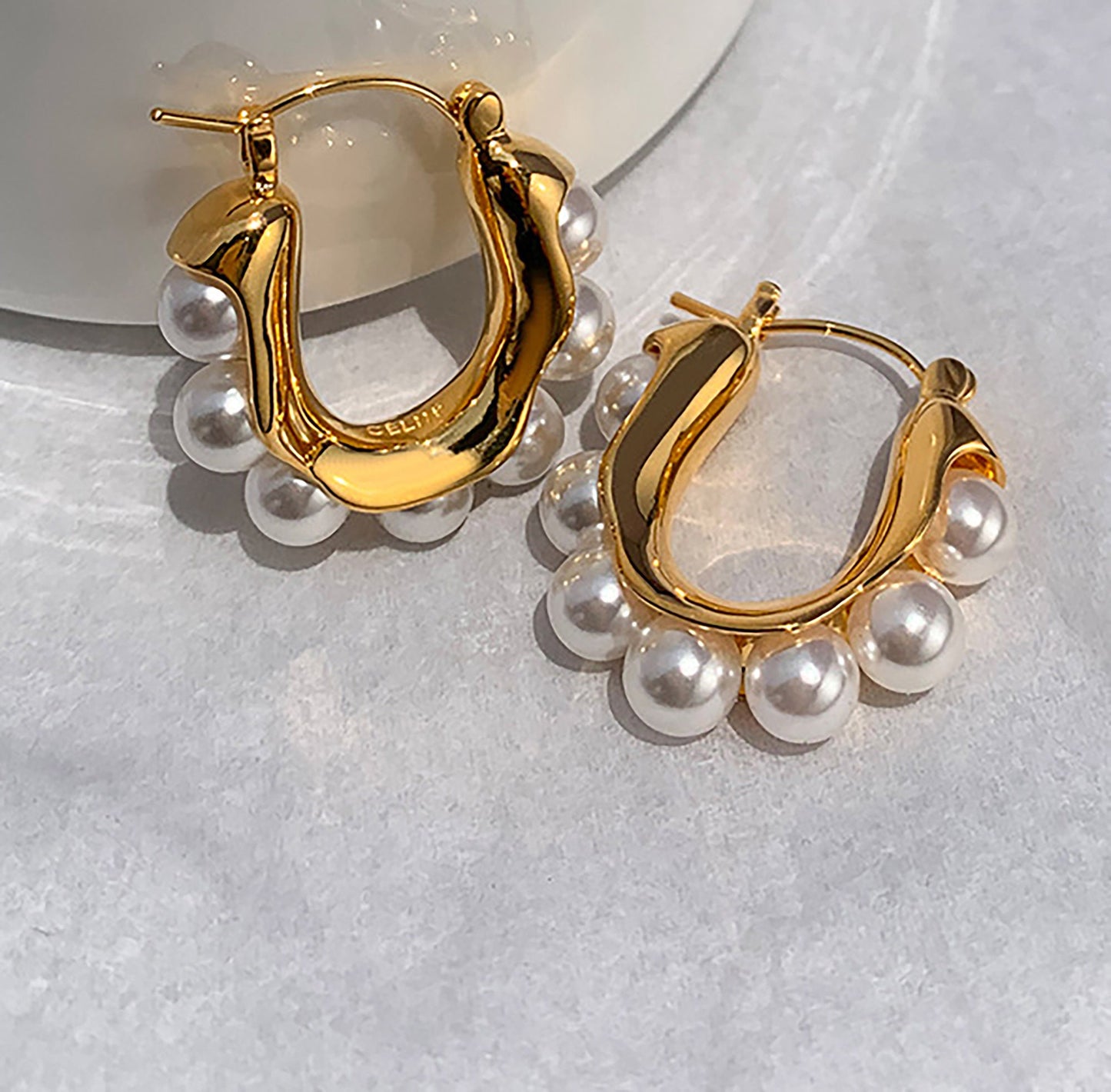 Titanium Pearl U Shape Huggie Hoop Earrings, Gold Plated, Hypoallergenic, Implant Grade Titanium Waterproof, Vintage Style, Minimal