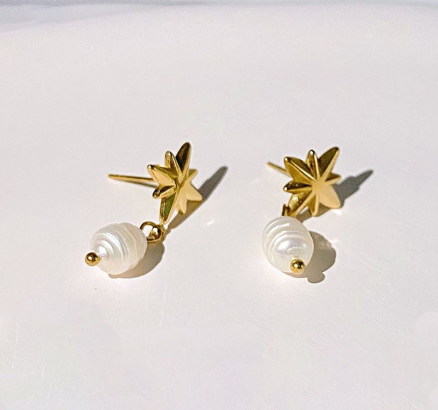 Titanium Star Freshwater Pearl Dangle Drop Earrings, Non Tarnish, Implant Grade Titanium Waterproof, Vintage Style, Minimalist