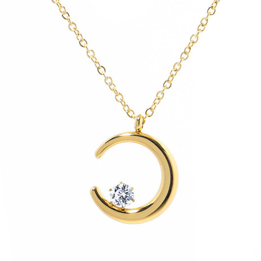 Titanium Gold Moon Zircon Necklace, Non Tarnish, Implant Grade Titanium Waterproof, Vintage Style, Minimal Necklace, Dainty Necklace