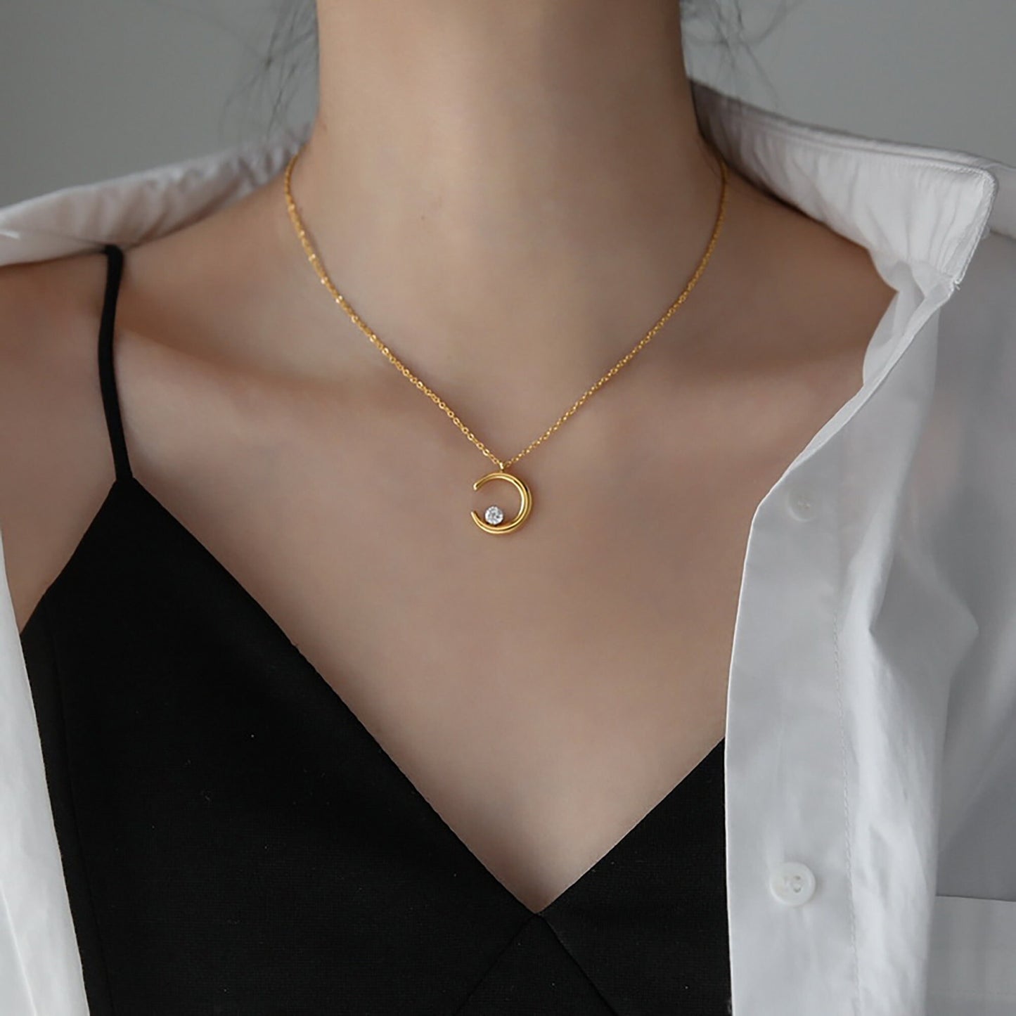 Titanium Gold Moon Zircon Necklace, Non Tarnish, Implant Grade Titanium Waterproof, Vintage Style, Minimal Necklace, Dainty Necklace