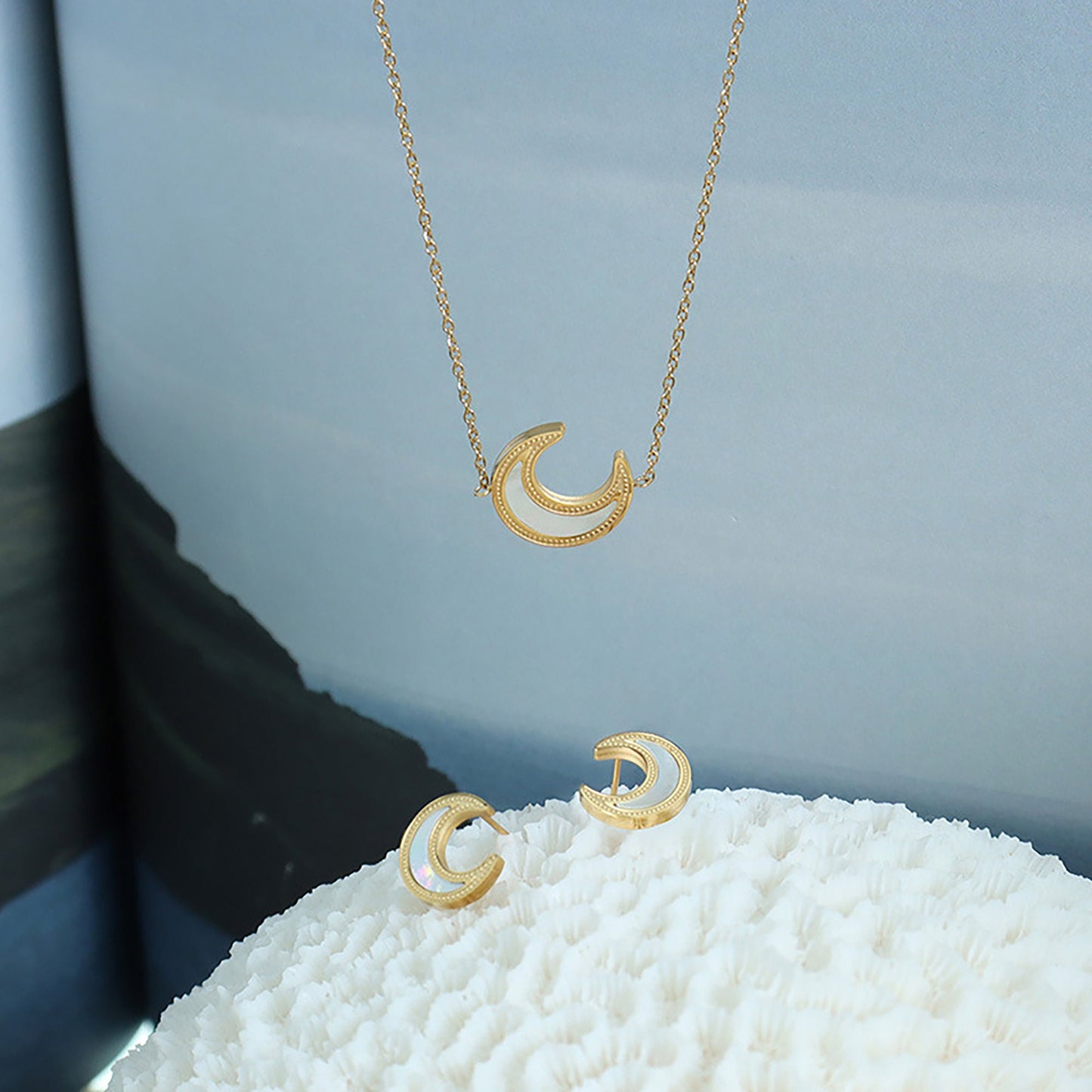 Titanium Gold Shell Moon Earrings Necklace Set, Shell Inlay, Non Tarnish, Implant Grade Titanium Waterproof, Vintage Style, Minimal