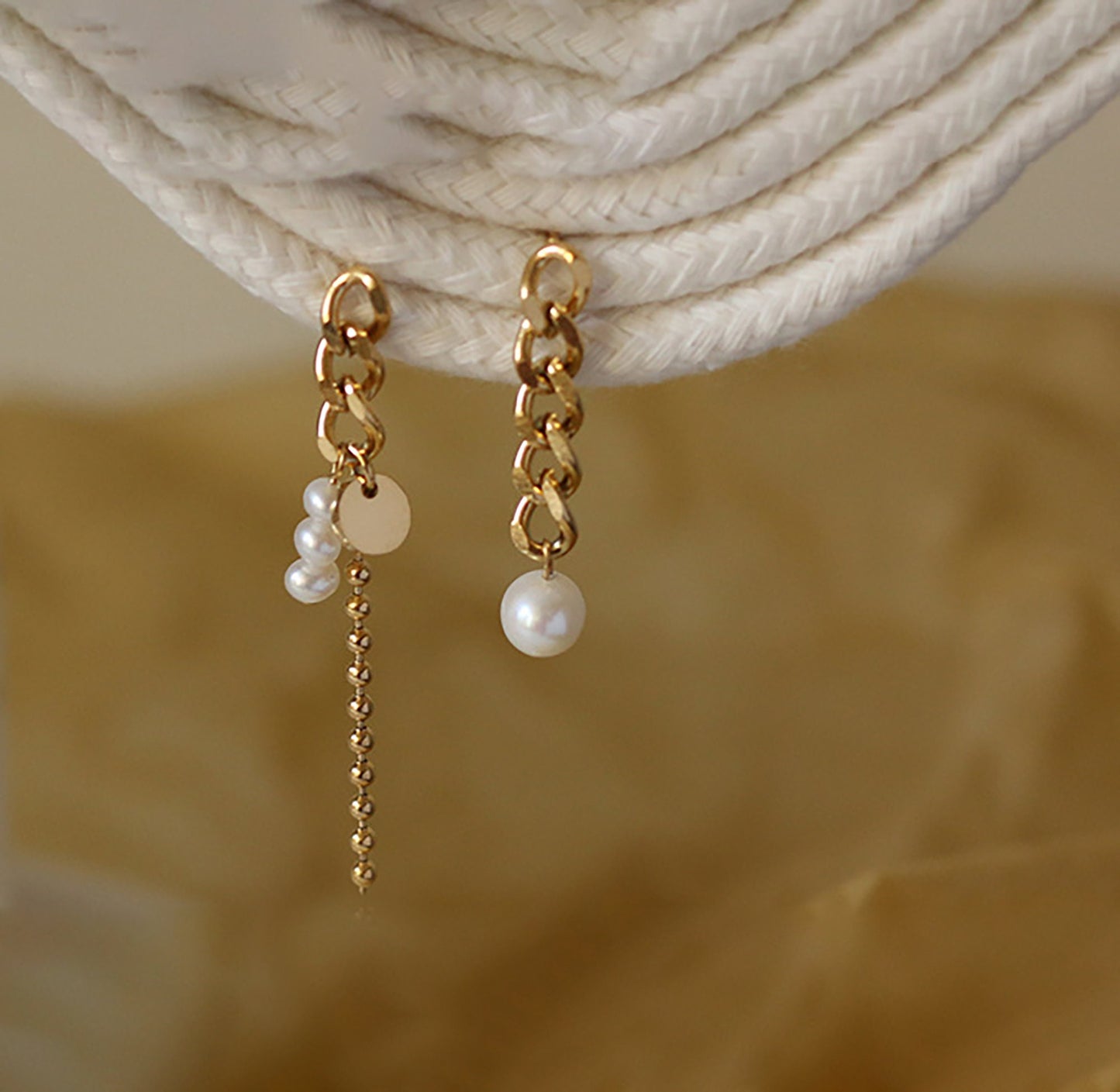 Titanium Real Pearl Mismatch Chain Dangle Earrings, Gold Plated, Hypoallergenic, Implant Grade Titanium Waterproof, Vintage Style, Minimal