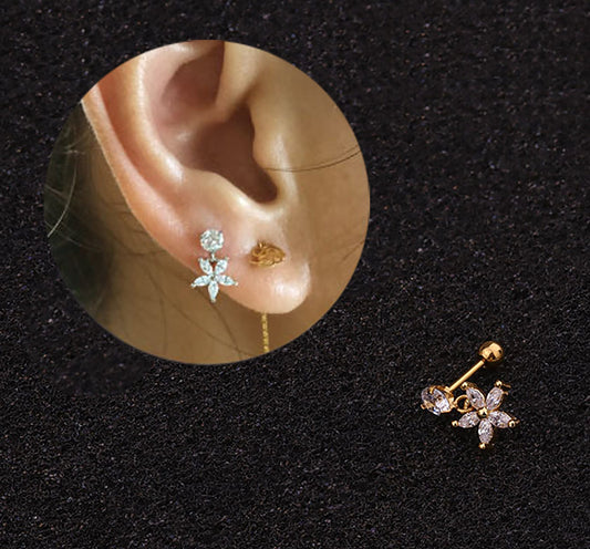 Titanium Drop Flower Zircon Screw Back Stud Ear Bone Earrings, Non Tarnish, Implant Grade Titanium Waterproof, Vintage Style, Minimalist