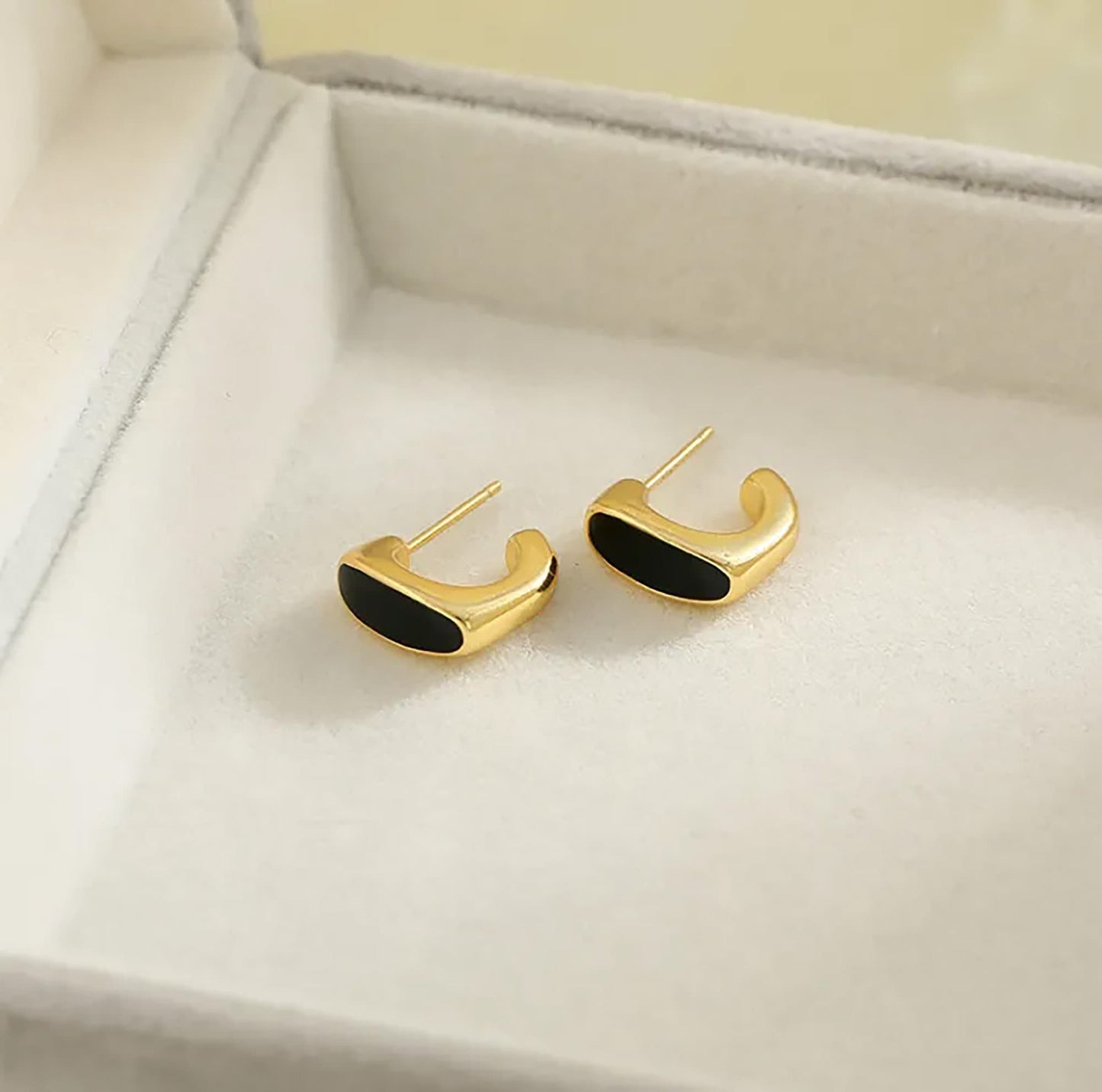 Titanium Gold Black Stone C Shape Hoop Earrings, Non Tarnish Earrings, Implant Grade Titanium Waterproof, Vintage Style, Minimal