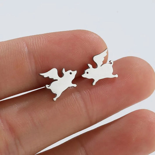 Titanium Flying Elephant Push Back Stud Earrings, Non Tarnish, Implant Grade Titanium Waterproof Earrings, Vintage Style Earrings, Minimal