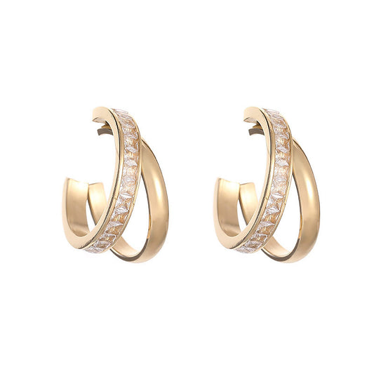 Titanium Zircon Double C Shape Hoop Earrings, Non Tarnish Earrings, Implant Grade Titanium Waterproof Earrings, Vintage Style, Minimal