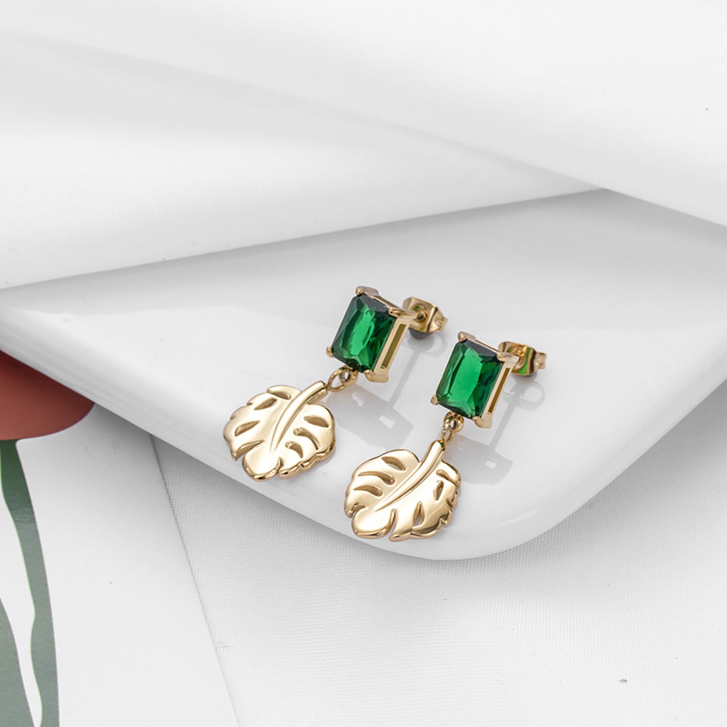 Titanium Emerald Leaf Zircon Dangle Earrings, Gold Plated, Hypoallergenic, Implant Grade Titanium Waterproof, Vintage Style, Minimal
