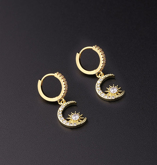 Titanium Moon Sun Zircon Huggie Hoop Earrings, Non Tarnish Earrings, Implant Grade Titanium Waterproof, Vintage Style, Minimal