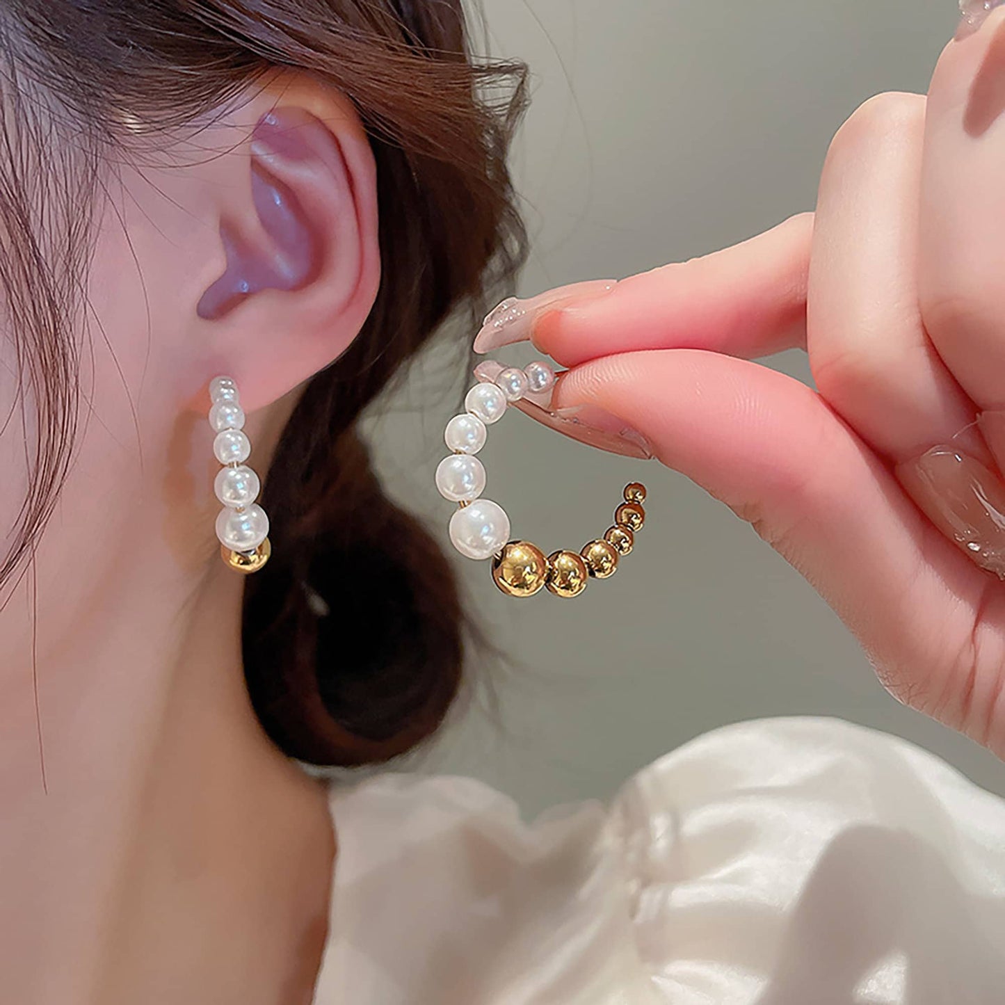 Titanium Pearl C Shape Earrings, Non Tarnish Earrings, Implant Grade Titanium Waterproof Earrings, Vintage Style, Minimal earrings