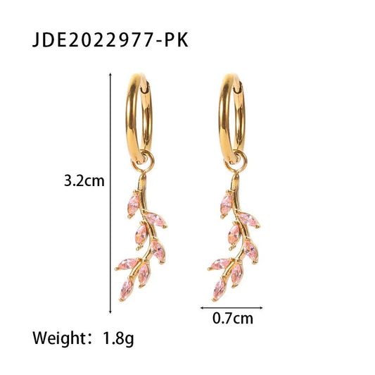 Titanium Pink Leaves Branch Zircon Hoop Earrings, Gold Plated, Hypoallergenic, Implant Grade Titanium Waterproof, Vintage Style, Minimal