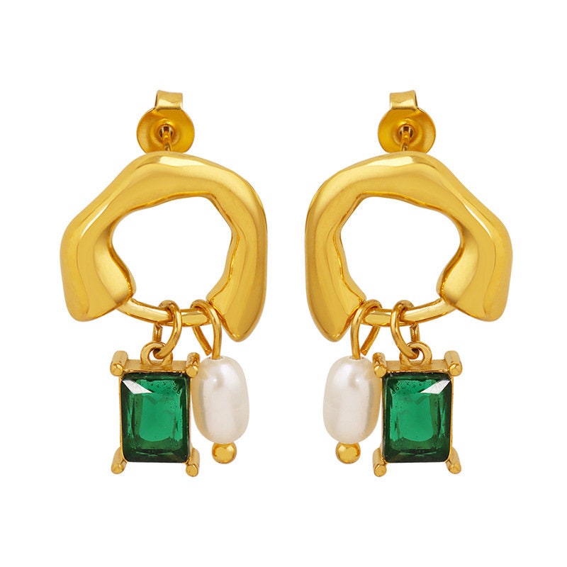 Titanium Pearl Emerald 18K Gold Drop Earrings, Gold Plated, Hypoallergenic, Implant Grade Titanium Waterproof, Vintage Style, Minimal