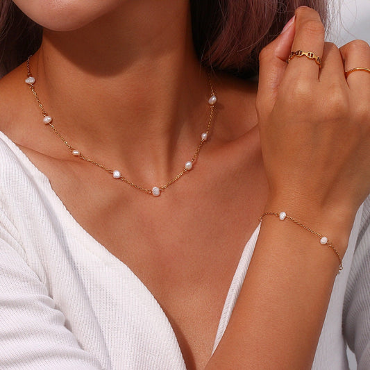Titanium Real Pearl Beaded Necklace, Bracelet, Non Tarnish, Implant Grade Titanium Waterproof, Vintage Style, Minimal
