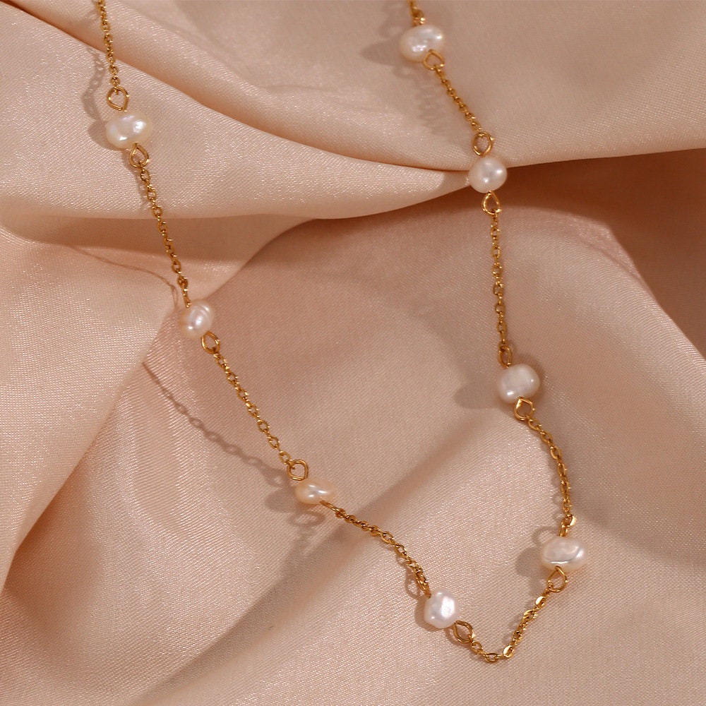 Titanium Real Pearl Beaded Necklace, Bracelet, Non Tarnish, Implant Grade Titanium Waterproof, Vintage Style, Minimal