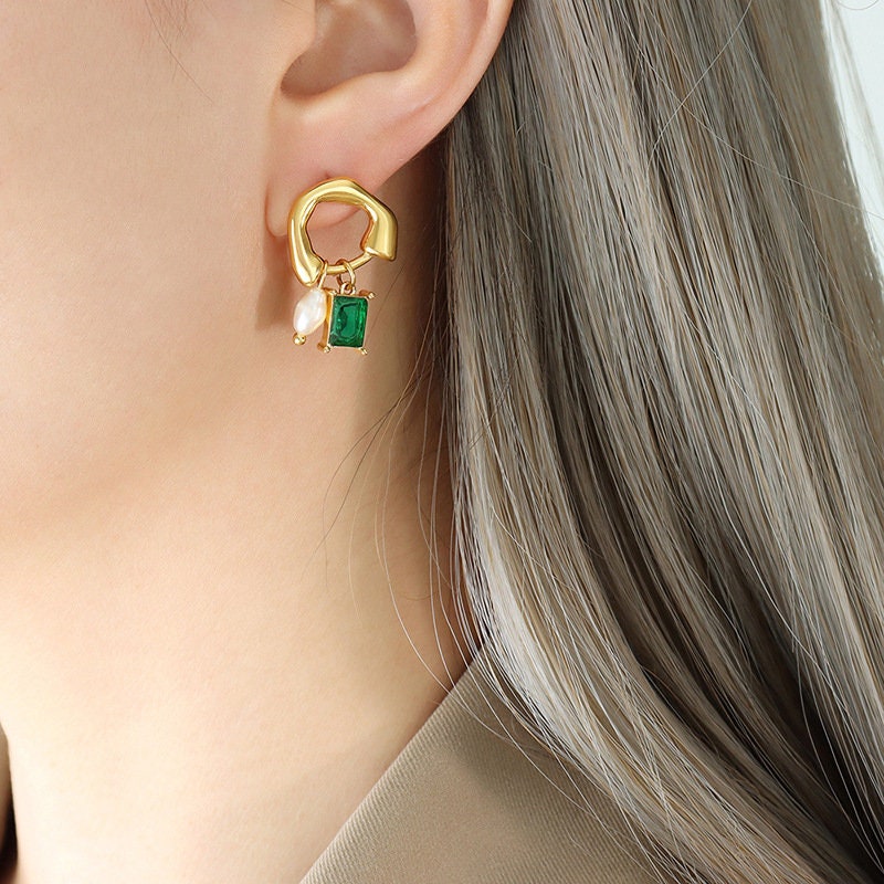 Titanium Pearl Emerald 18K Gold Drop Earrings, Gold Plated, Hypoallergenic, Implant Grade Titanium Waterproof, Vintage Style, Minimal