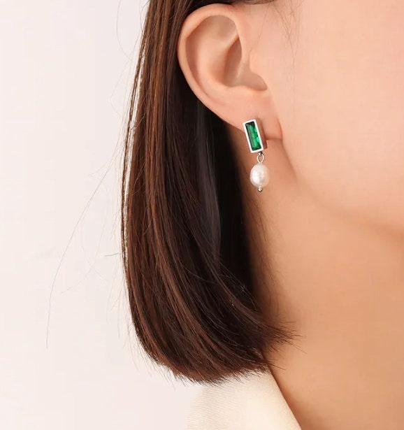 Titanium Real Pearl Square Emerald Drop Earrings, Gold Plated, Hypoallergenic, Implant Grade Titanium Waterproof, Vintage Style, Minimal