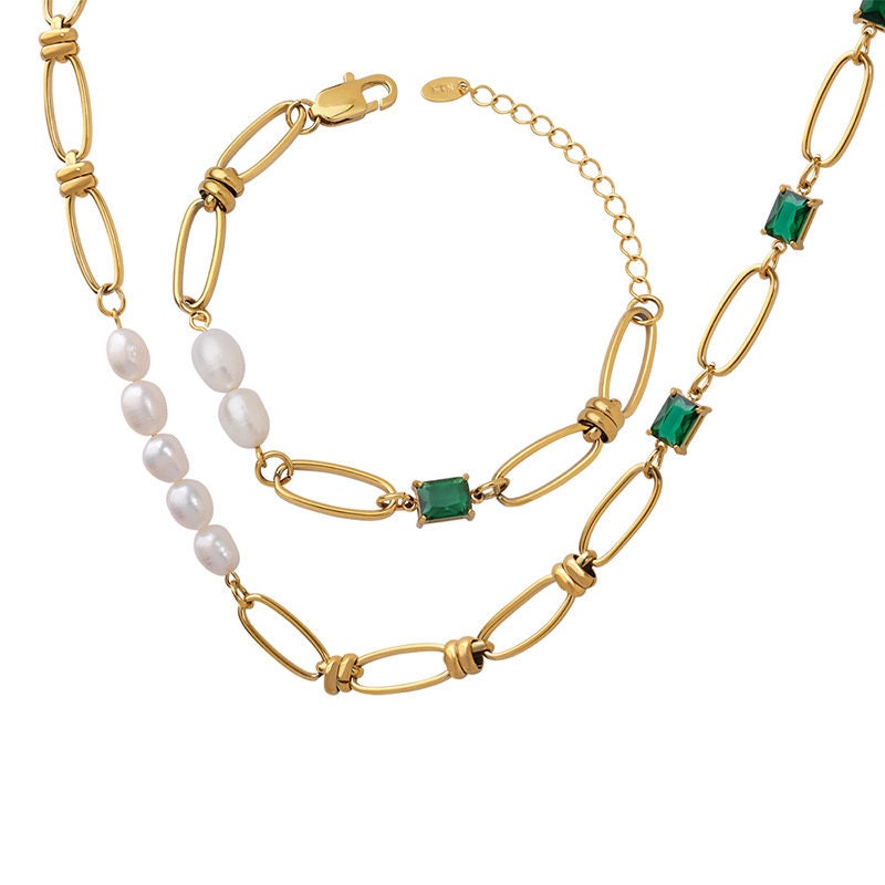 Titanium Freshwater Pearl Emerald Chunky Necklace, Non Tarnish, Implant Grade Titanium Waterproof, Vintage Style, Minimal