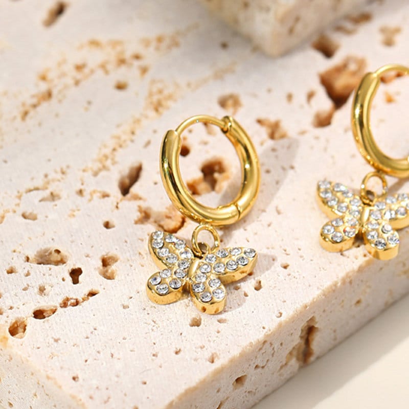 Titanium Zircon Butterfly 18K Gold Plated Huggies Hoop Earrings, Non Tarnish Earrings, Implant Grade Titanium, Vintage Style, Minimal