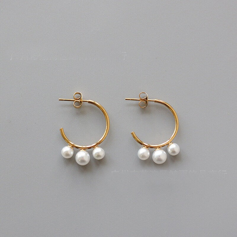 Titanium Pearl C Shape Hoop Earrings, Non Tarnish Earrings, Implant Grade Titanium Waterproof Earrings, Vintage Style, Minimal