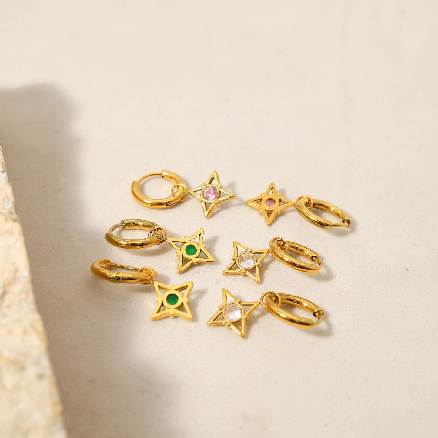 Titanium Green Zircon Star 18K Gold Plated Huggies Hoop Earrings, Non Tarnish Earrings, Implant Grade Titanium, Vintage Style, Minimal