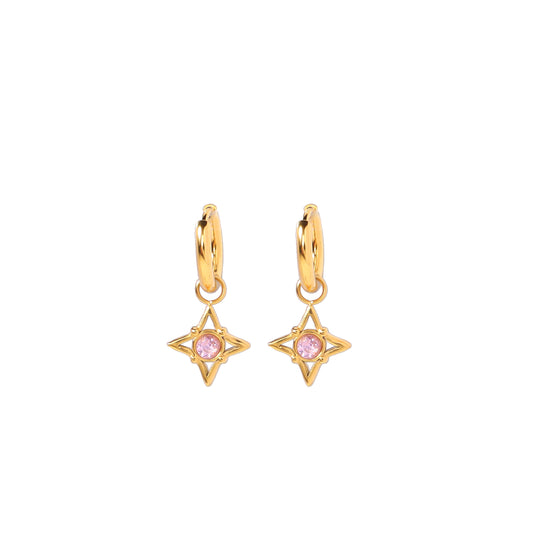 Titanium Pink Zircon Star 18K Gold Plated Huggies Hoop Earrings, Non Tarnish Earrings, Implant Grade Titanium, Vintage Style, Minimal