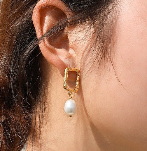 Titanium Geo Pearl Drop Earrings, Gold Plated, Hypoallergenic, Implant Grade Titanium Waterproof, Vintage Style, Minimal