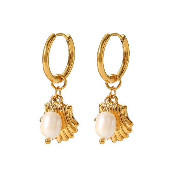 Titanium Pearl Shell 18K Gold Plated Huggies Hoop Earrings, Non Tarnish Earrings, Implant Grade Titanium, Vintage Style, Minimal