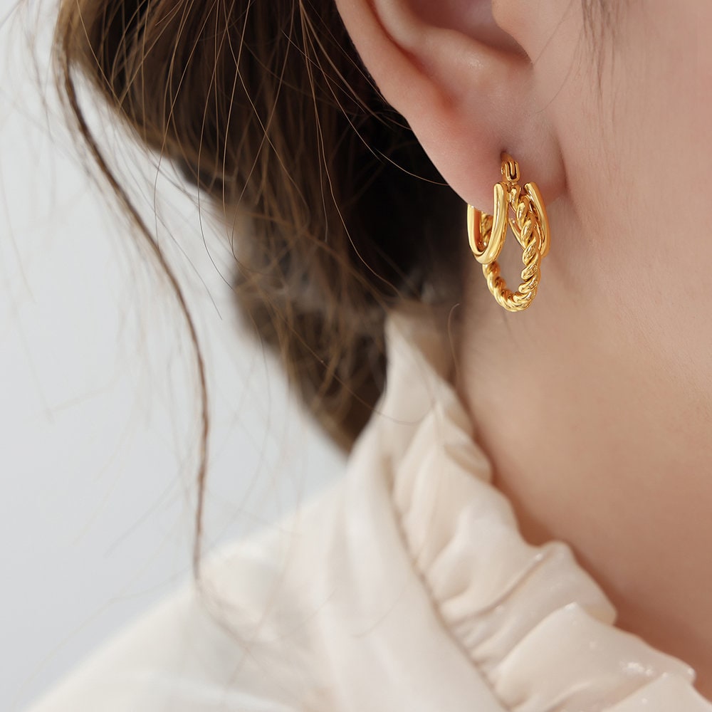 Titanium Triple Hoop 18K Gold Plated Earrings, Non Tarnish Earrings, Implant Grade Titanium Waterproof Earrings, Vintage Style, Minimal
