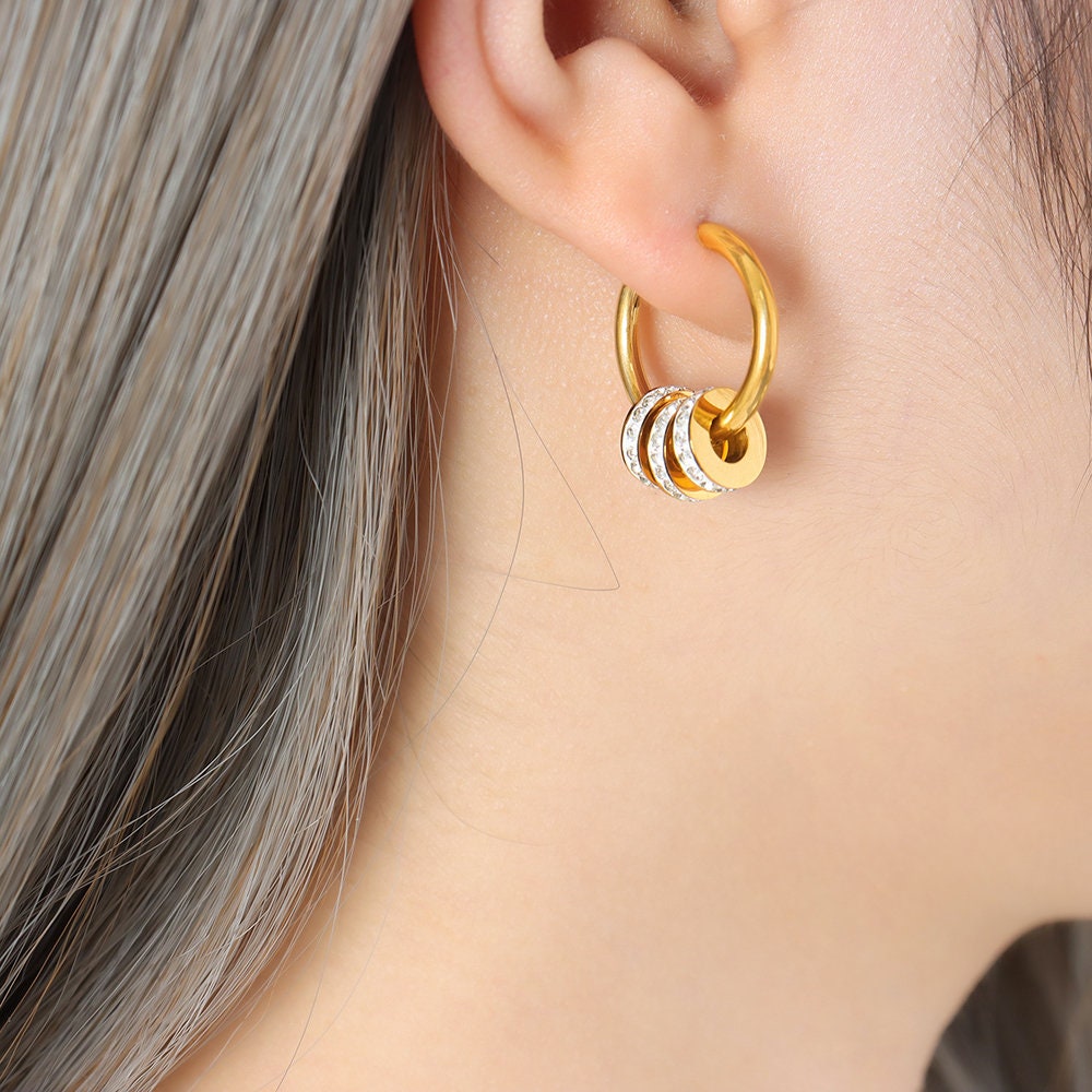 Titanium Zircon Circles Hoop Earrings, 18K gold plated, Non Tarnish Earrings, Implant Grade, Waterproof, Vintage Style, Minimal Earrings